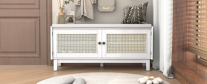 TREXM Boho Rattan Entryway Bench with Storage, Cushioned Shoe Bench with Double Doors, Wooden Shoe Organizer Bench for Entryway and Hallway (White+Beige) image 5