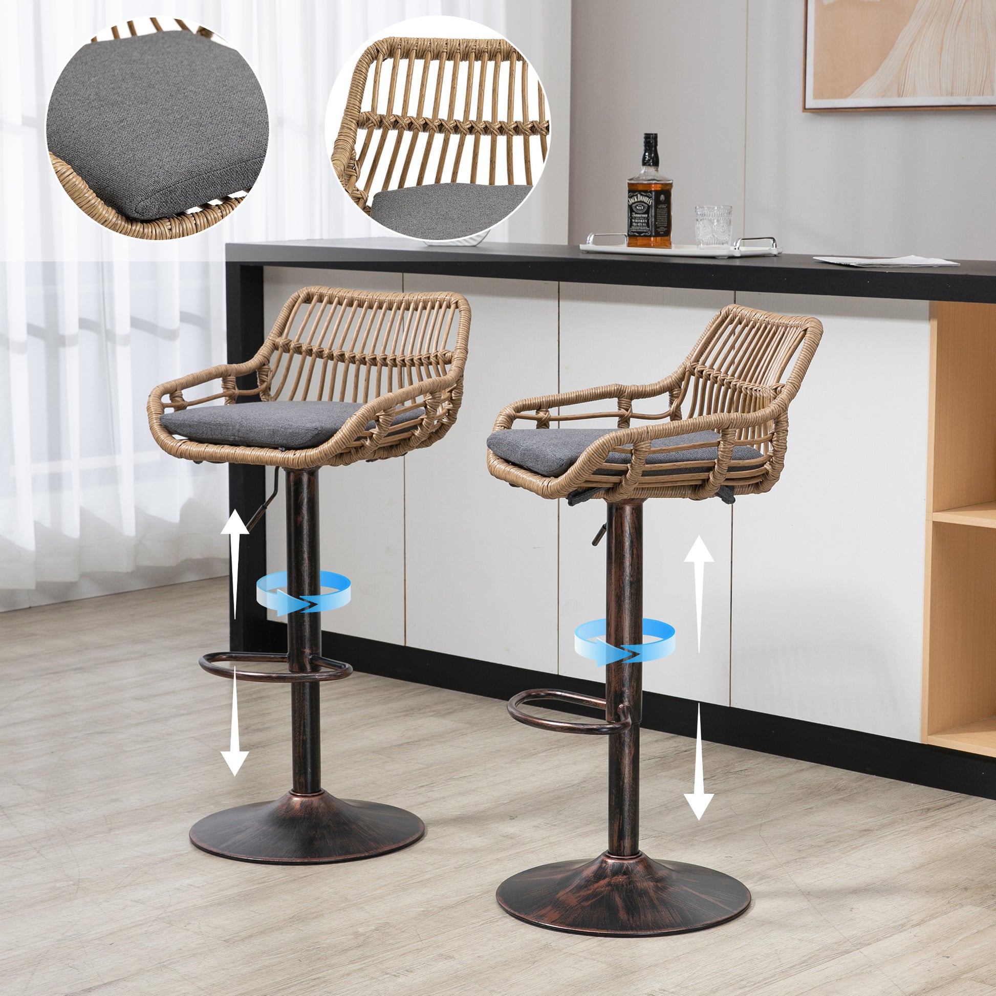Modern Swivel Bar Stools Set of 2 Adjustable Counter Height Chairs with Footrest for Kitchen, Dining Room (Gray) image 1