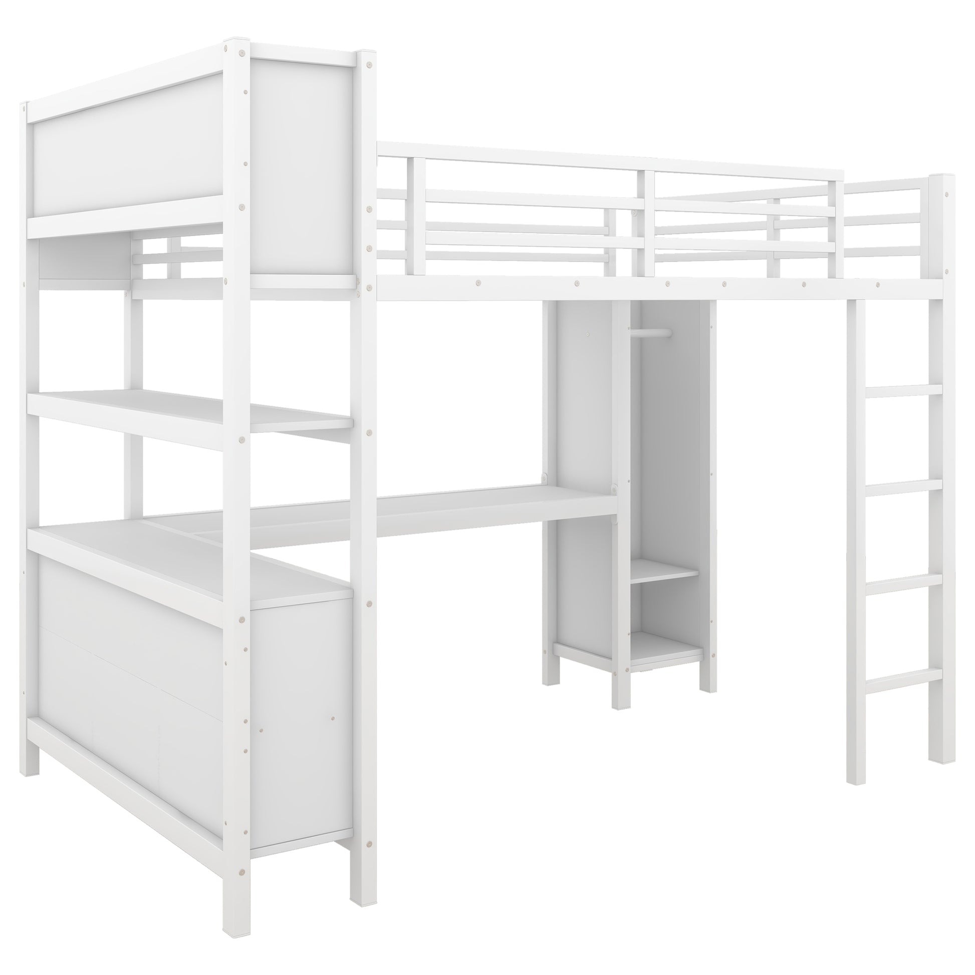 Metal Loft Bed with Wardrobe And L-shaped Desk, Full Size Loft Bed with Storage Cubes and Shelves, Heavy Duty Loft Bed for Kids Teens Adults, White image 7