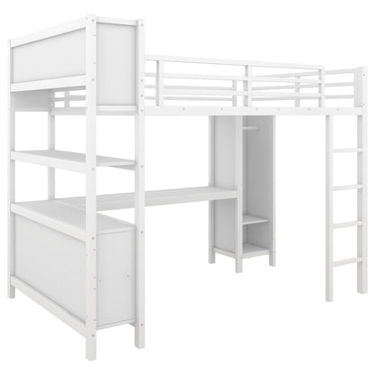 Metal Loft Bed with Wardrobe And L-shaped Desk, Full Size Loft Bed with Storage Cubes and Shelves, Heavy Duty Loft Bed for Kids Teens Adults, White image 7