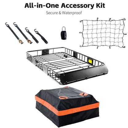 64 x 39 x 6 Inch Heavy Duty 250LB Roof Rack Cargo with 500D Waterproof Cargo Bag, Net & Ratchet Strap, Car Top Luggage Holder Basket for SUV, Truck or RV Camping Storage Steel Construction image 9