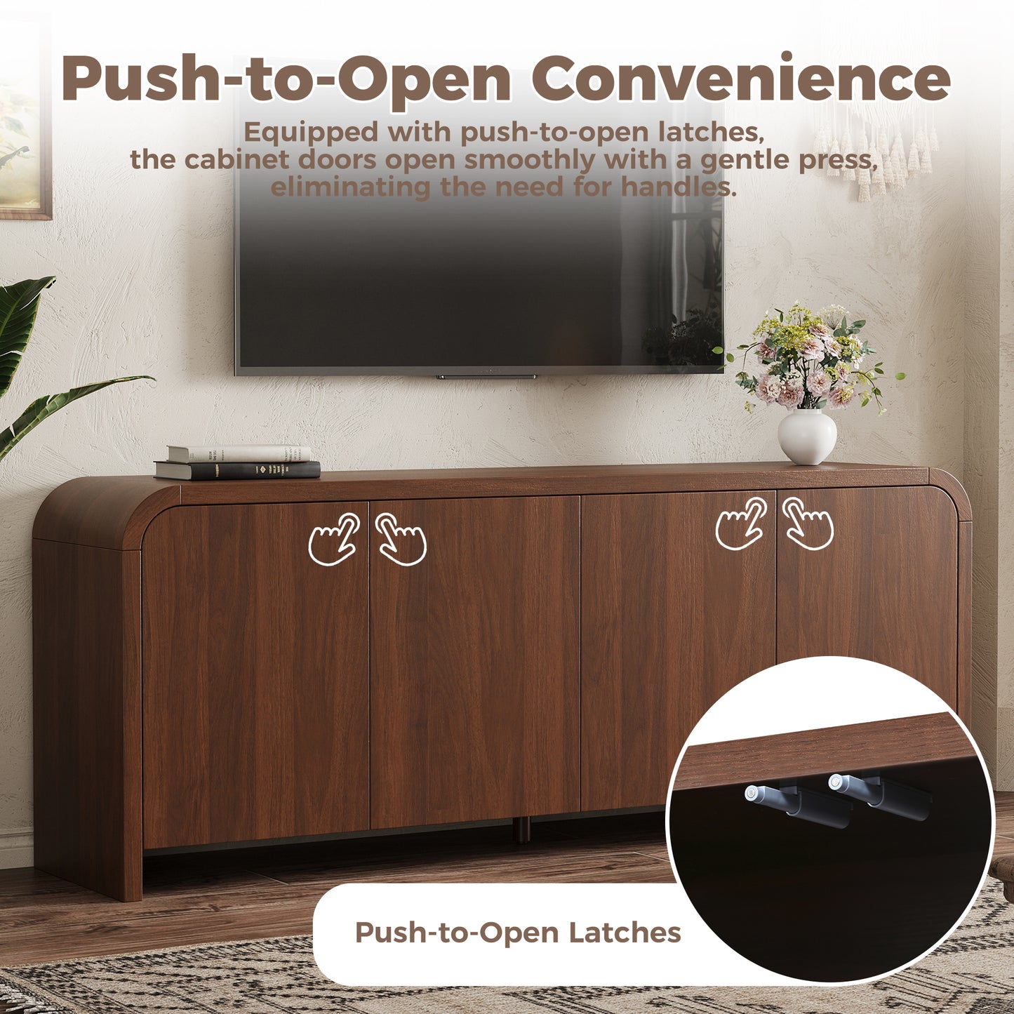 Farmhouse Curved Edge TV Stand with Large Cabinets for TVs up to 70", Minimalist Wood Grain Media Console with Cable Management, Mid Century TV Cabinet with Adjustable Shelves for Living Room, Walnut image 6