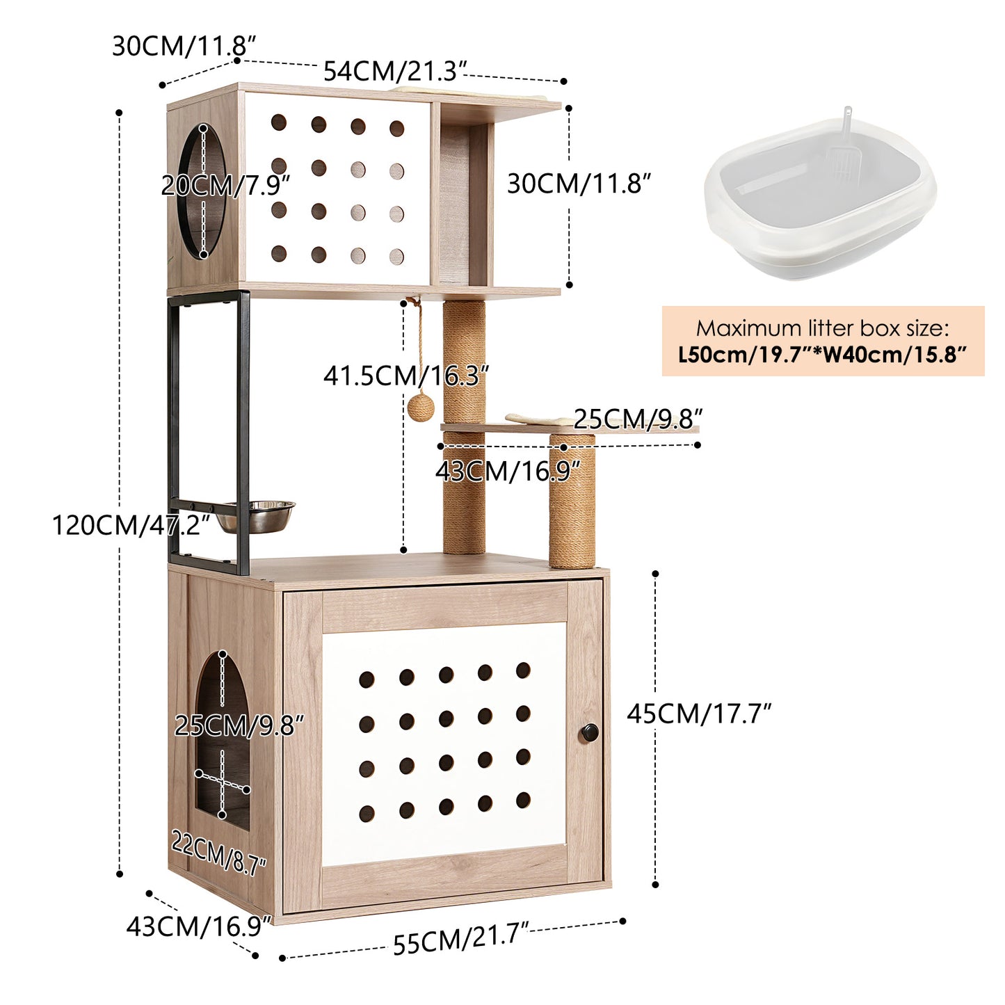 Cat Tree with Litter Box Enclosure, All-in-one Cat Tower for Indoor Cats with Large Hammock, Bed, Food Station, Scratching Posts, Modern Style Pet Furniture, Gray+white image 11