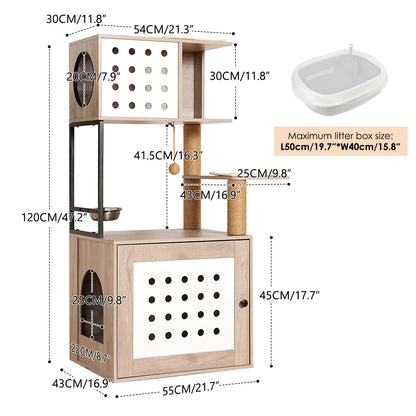 Cat Tree with Litter Box Enclosure, All-in-one Cat Tower for Indoor Cats with Large Hammock, Bed, Food Station, Scratching Posts, Modern Style Pet Furniture, Gray+white image 11