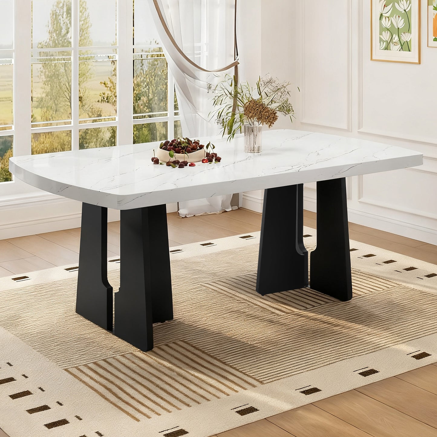 63" Modern Faux Marble Dining Table - Black/White Marble Top with Sturdy Geometric Legs, Stylish Kitchen & Dining Room Table for Home, Apartment, Office, Easy to Assemble, White+Black image 1