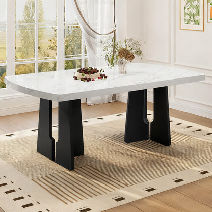 63" Modern Faux Marble Dining Table - Black/White Marble Top with Sturdy Geometric Legs, Stylish Kitchen & Dining Room Table for Home, Apartment, Office, Easy to Assemble, White+Black image 1
