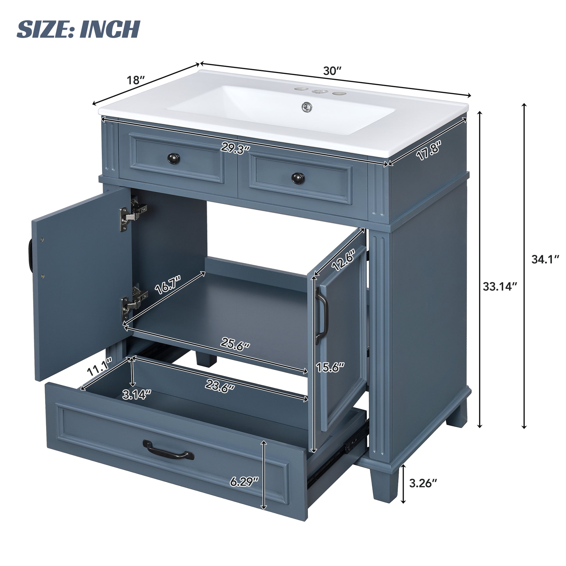 30'' Bathroom Vanity with Ceramic Sink,Solid Wood Frame Bathroom Storage Cabinet with Soft Closing Doors,Retro Style, Blue image 8
