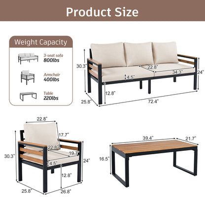<Old SKU: N704G201246A> GO 4-Piece Outdoor Furniture Sofa Set for 5 People with Acacia Wood Armrests, Patio Conversation Set with Removable Cushion and Solid Wood Coffee Table for Garden,Beige image 6