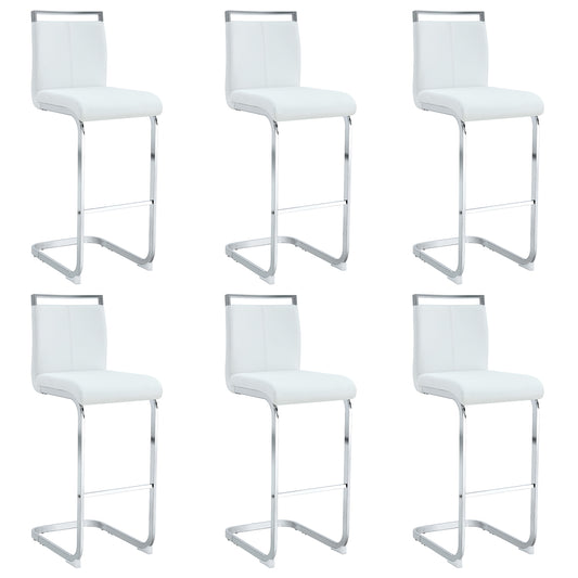 Modern white PU leather bar stool set of 6 with silver C-shaped metal legs front view