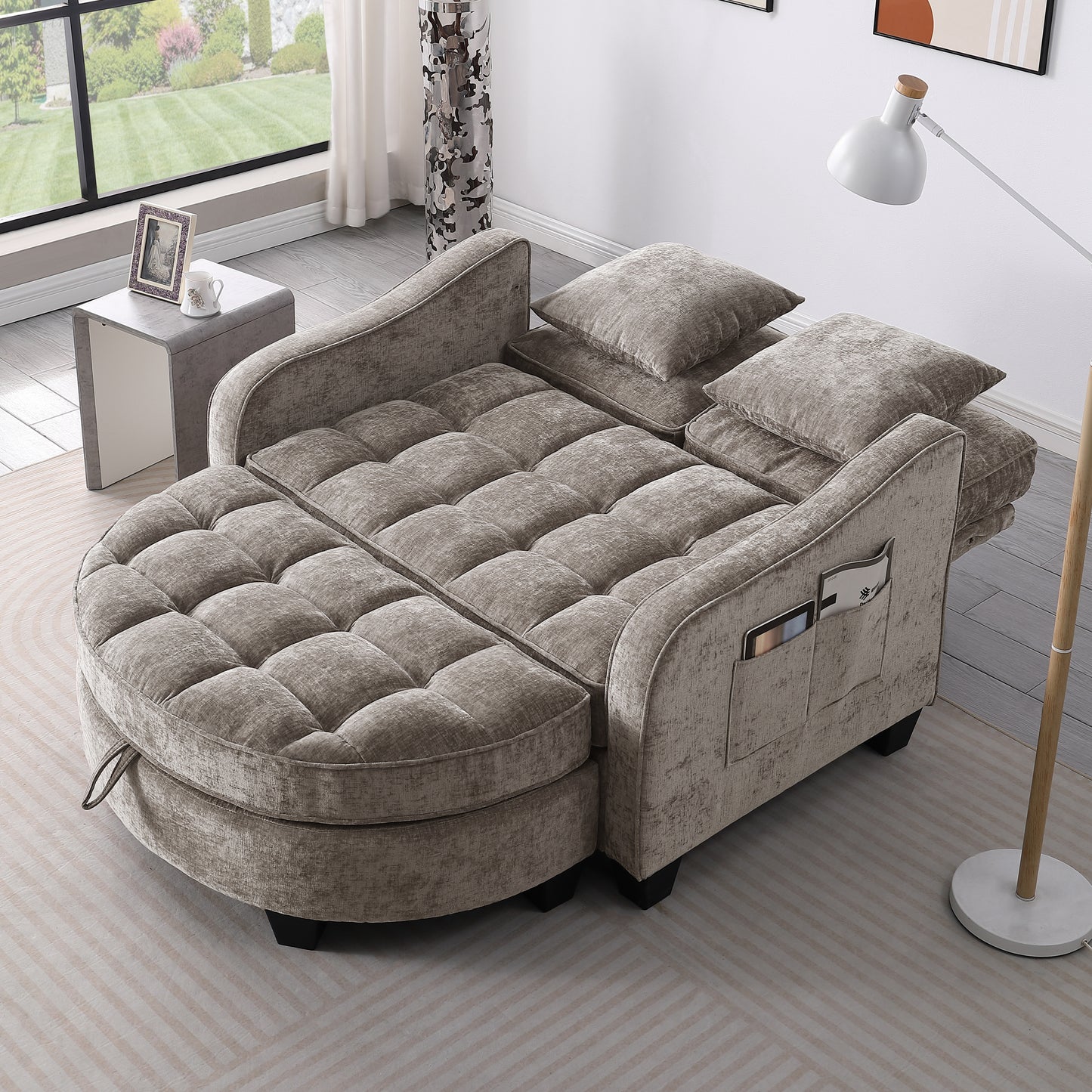 Two-seater sofa, double sofa chaise longue, with irregular armrests and backrests, footrest with storage space, comes with two small throw pillows, suitable for living room and bedroom - Brown image 2