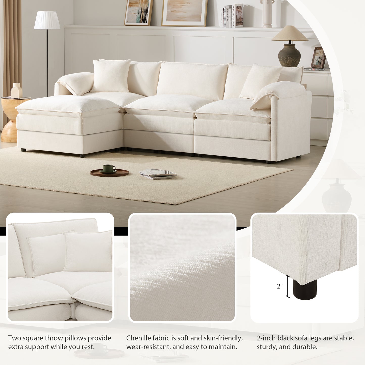 [NEW SKU of N723S0687W]103" Chenille Modular Sectional Sofa with Deep and Wide Seat, L Shaped Cloud Couch Set with Double Cushions, 4 Seat Sofa with Movable Ottoman, Oversized Indoor Furniture image 8
