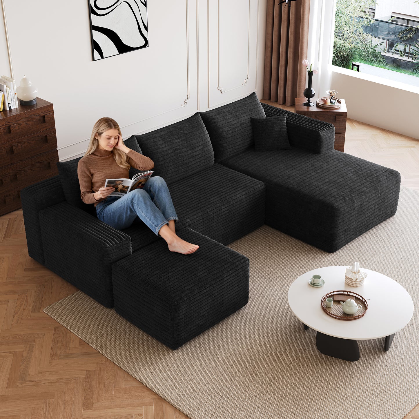 95" Cloud Sectional Sofa with 1 Ottoman,Modern Minimalist Upholstered Couches, Comfort U Shaped Sofa for Living Room,Deep Seat Corner Couch,No Assembly Required,Black (Plush Corduroy Fabric) image 4