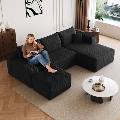 95" Cloud Sectional Sofa with 1 Ottoman,Modern Minimalist Upholstered Couches, Comfort U Shaped Sofa for Living Room,Deep Seat Corner Couch,No Assembly Required,Black (Plush Corduroy Fabric) image 4