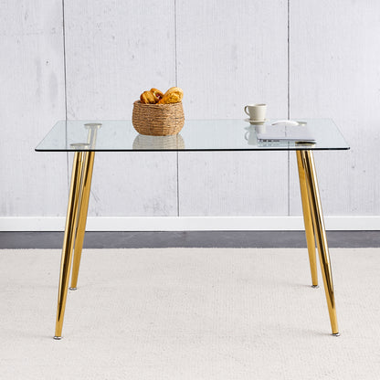 Modern Minimalist Rectangular Glass Dining Table for 4-6 with 0.31" Tempered Glass Tabletop and Golden plating Metal Legs, Writing Table Desk, 51" *31"*30".W1151S03746/W1151S03724 image 2
