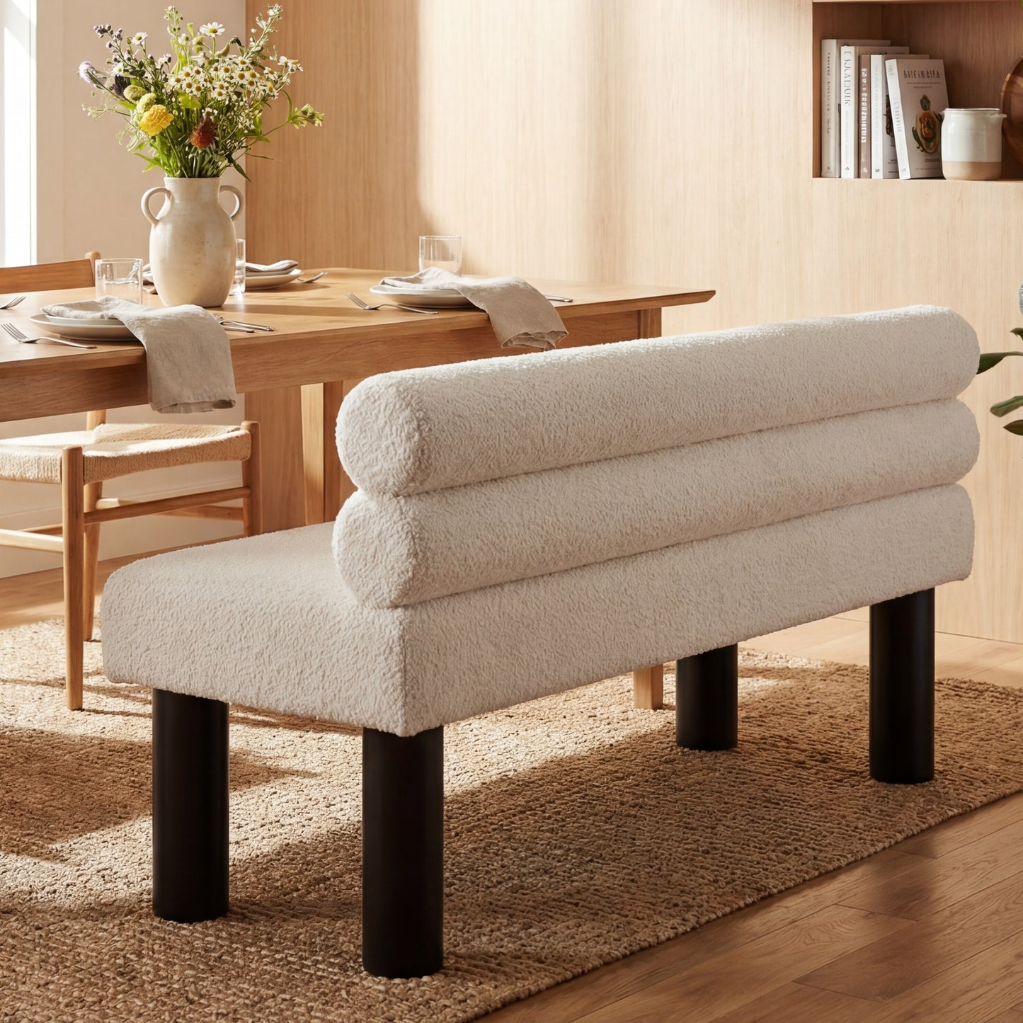 Upholstered Dining Bench, End of Bed, Entryway Bench, Ottoman for Dining Room, Bedroom, Living Room, Rubber Wood Leg 300 LBS Support, Beige image 4