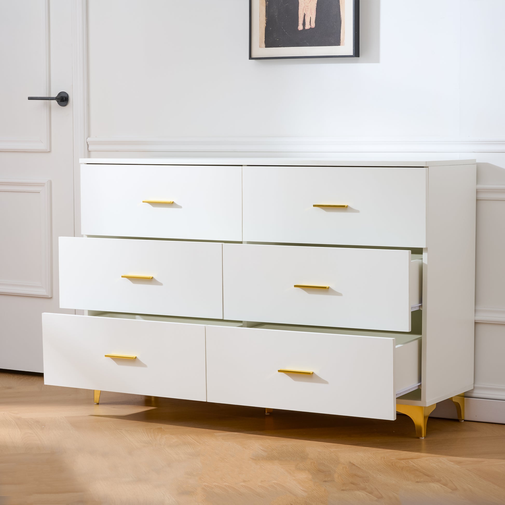 White 6 Drawer Dresser with Gold Handles & Metal Legs, Deep Storage Space, Modern Chest of Drawers, Wooden Dresser Tv Stand for TV Stand,Living Room, Hallway, Entryway image 10