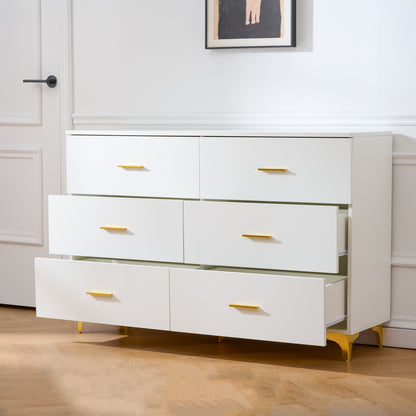 White 6 Drawer Dresser with Gold Handles & Metal Legs, Deep Storage Space, Modern Chest of Drawers, Wooden Dresser Tv Stand for TV Stand,Living Room, Hallway, Entryway image 10