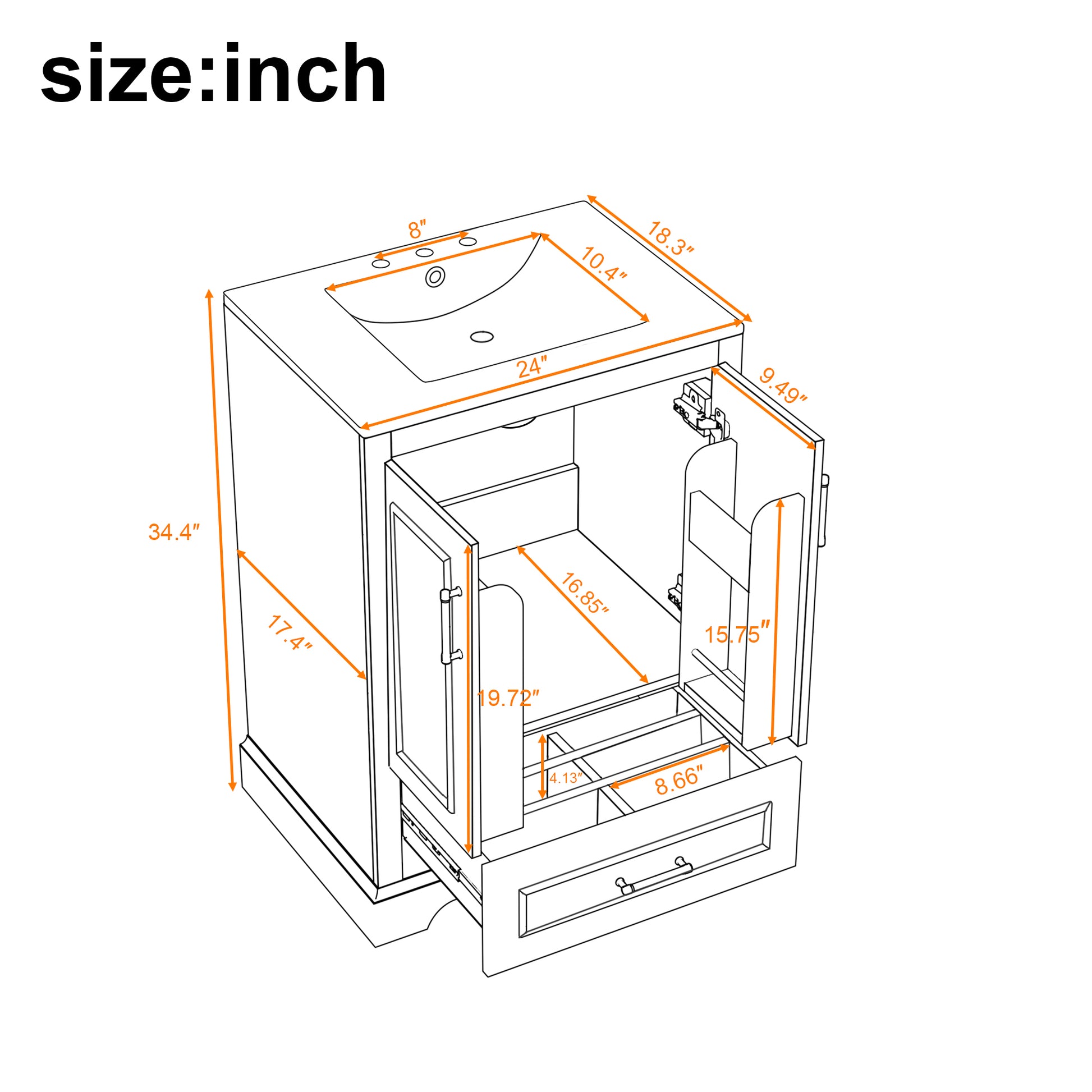 24"Bathroom Vanity with Sink, MDF Cabinet with Solid Wood Frame, 1 Divided Drawer and 2 Soft Close Doors with Double Shelf on the Door, Freestanding Vanity image 9