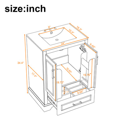24"Bathroom Vanity with Sink, MDF Cabinet with Solid Wood Frame, 1 Divided Drawer and 2 Soft Close Doors with Double Shelf on the Door, Freestanding Vanity image 9