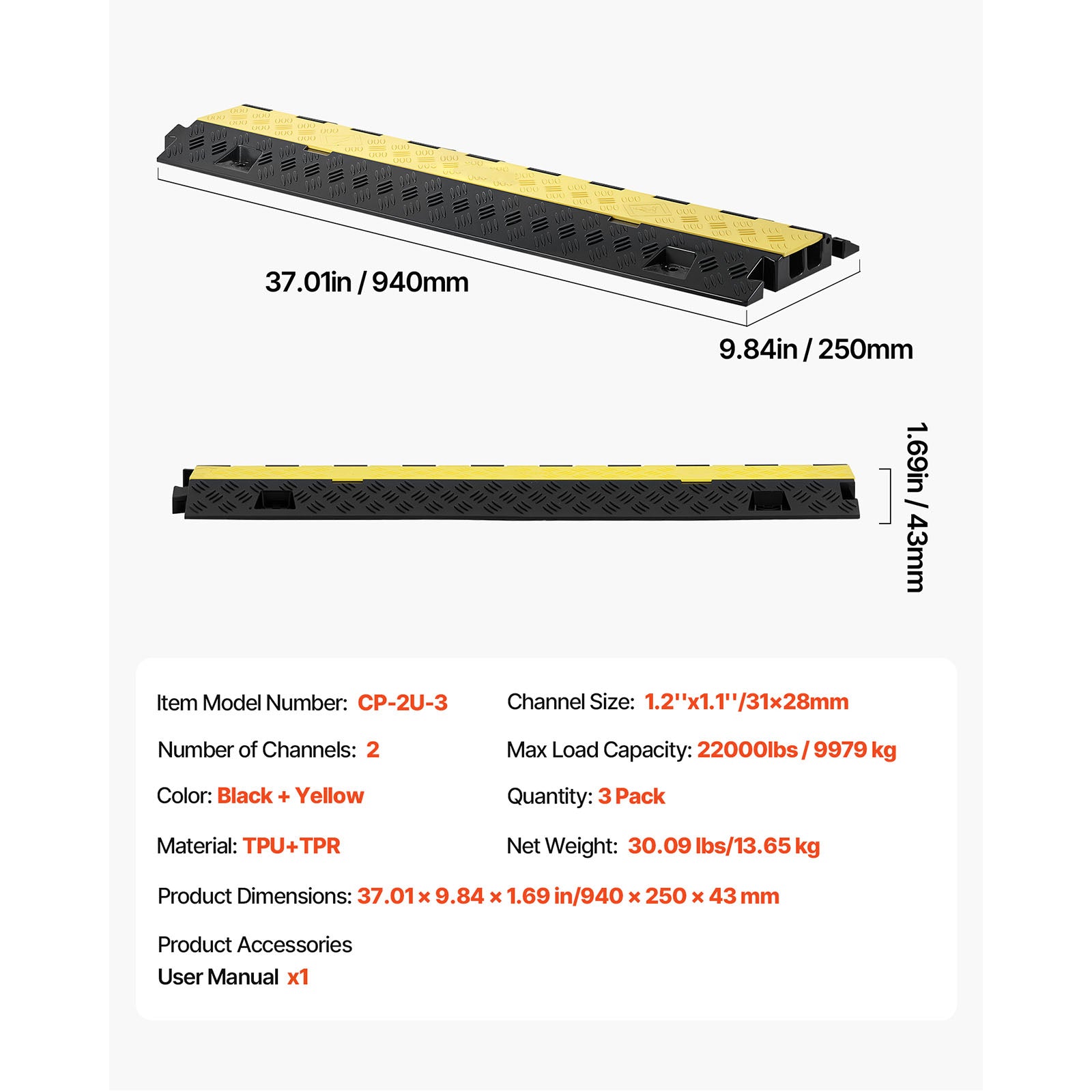 Cable Protector Ramp, 22,000 lbs/axle Capacity, 2 Channel Heavy Duty TPU Cord Hose Wire Cover, 1.2 x 1.1 in Channel, Traffic Speed Bump with Flip-Open Top Cover, for Indoor Outdoor Use, 3 Pack image 4