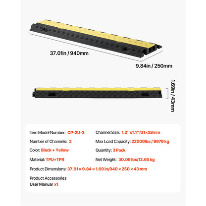 Cable Protector Ramp, 22,000 lbs/axle Capacity, 2 Channel Heavy Duty TPU Cord Hose Wire Cover, 1.2 x 1.1 in Channel, Traffic Speed Bump with Flip-Open Top Cover, for Indoor Outdoor Use, 3 Pack image 4