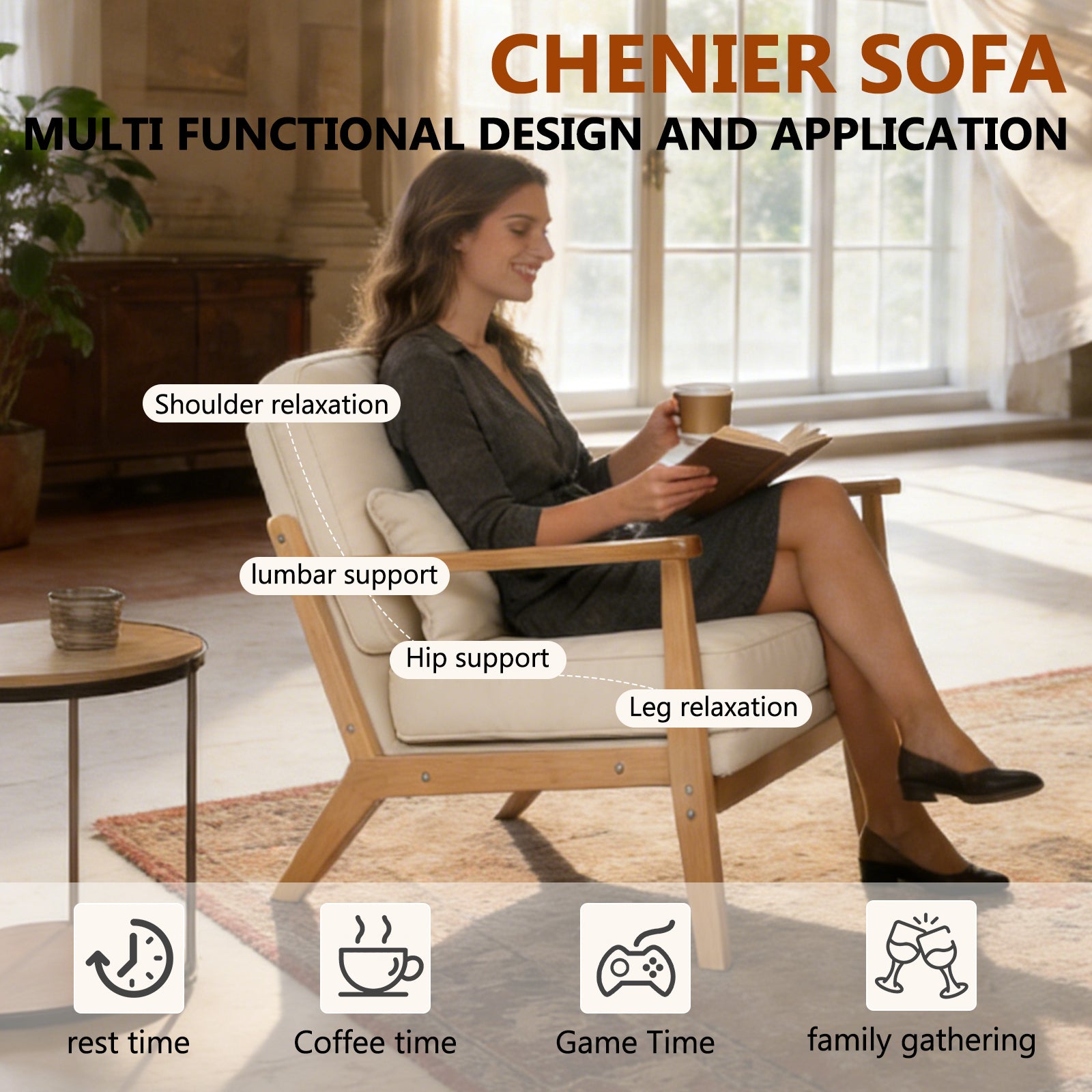 Mid-Century Modern Lounge Chair Single, Living Room Chair with Lumbar Pillow and Straight Wood Armrests, Accent Chair for Living Room, Bedroom, Indoor, Beige image 6