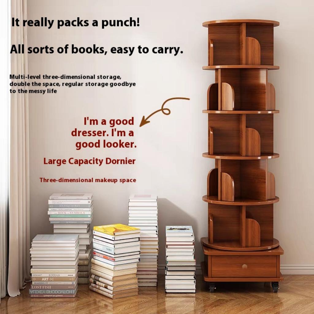 (UPGRADED) Rotating Bookshelf, 360 Display Corner Bookshelf for Small Space, 6 Tier Bookcase Storage Rack with Wheels, Wood Narrow Organizer for Bedroom, Living Room, Study Room, Walnut Brown image 3