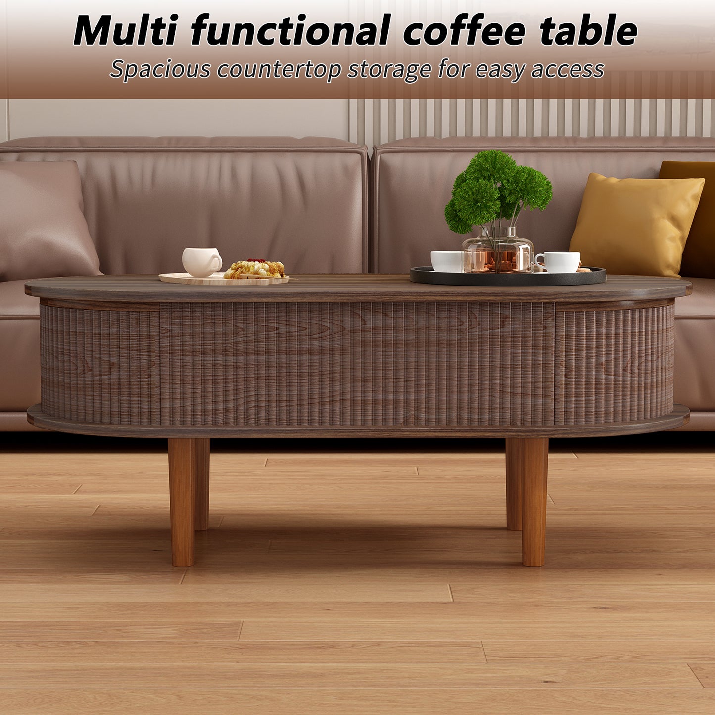 Fluted Lift Top Coffee Table with Hidden Compartment, Wooden Center Table, Modern Oval Lift Tabletop for Home Living Room Office, Walnut Color image 10