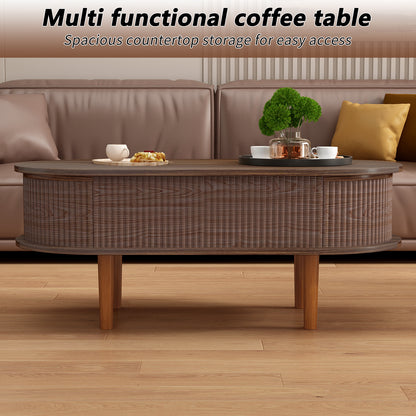 Fluted Lift Top Coffee Table with Hidden Compartment, Wooden Center Table, Modern Oval Lift Tabletop for Home Living Room Office, Walnut Color image 10