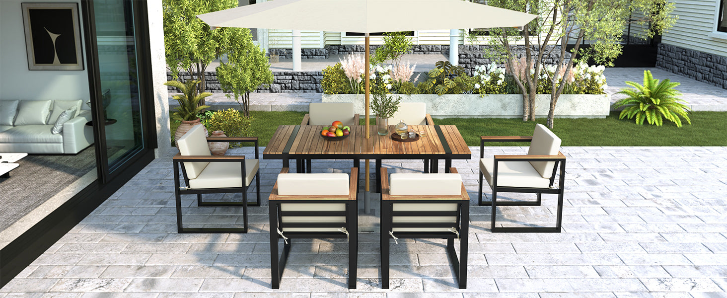 7 Pieces Outdoor Dining Set Patio Dining Table and Chair Set with and Removable Cushions for Patio, Backyard, Garden, Beige image 9