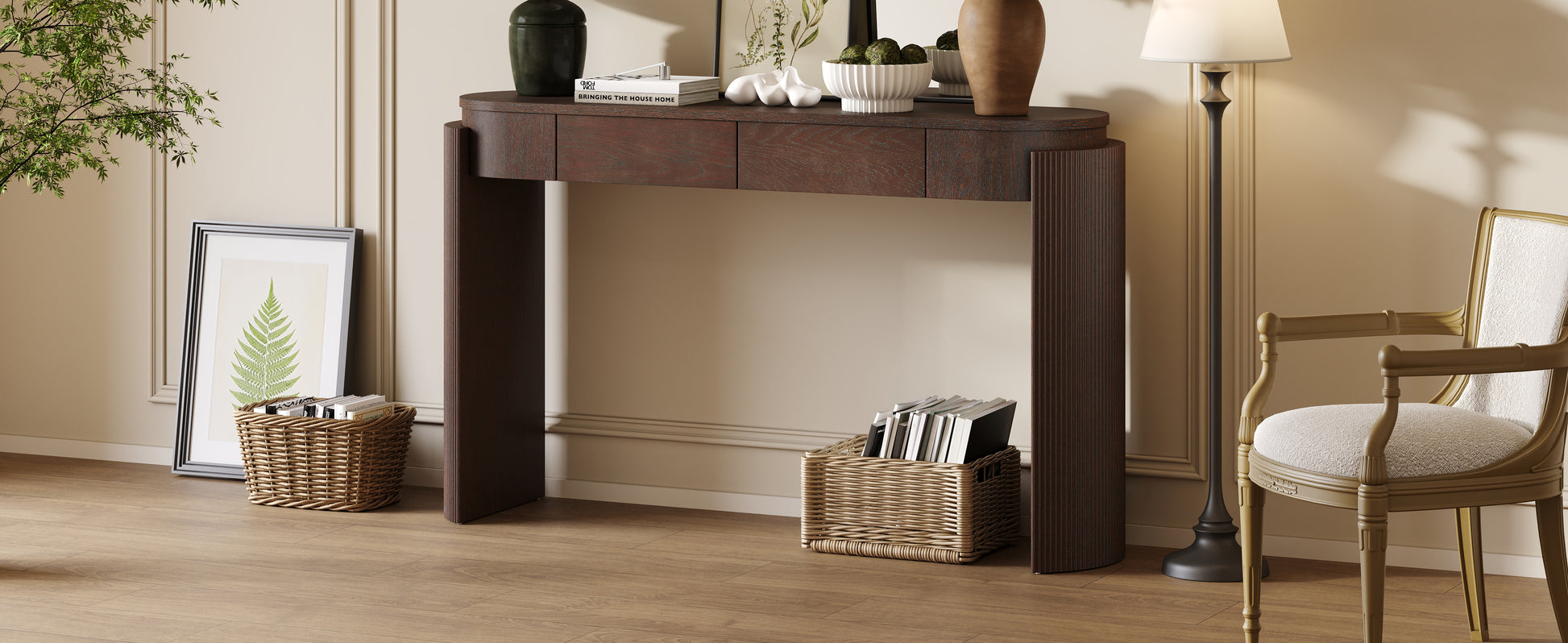 TREXM Entryway Table with Natural Wood Grain Finish, Console Table with Fluted Design, Oval Top and 2 Drawers for Entryway and Living Room (Espresso) image 10