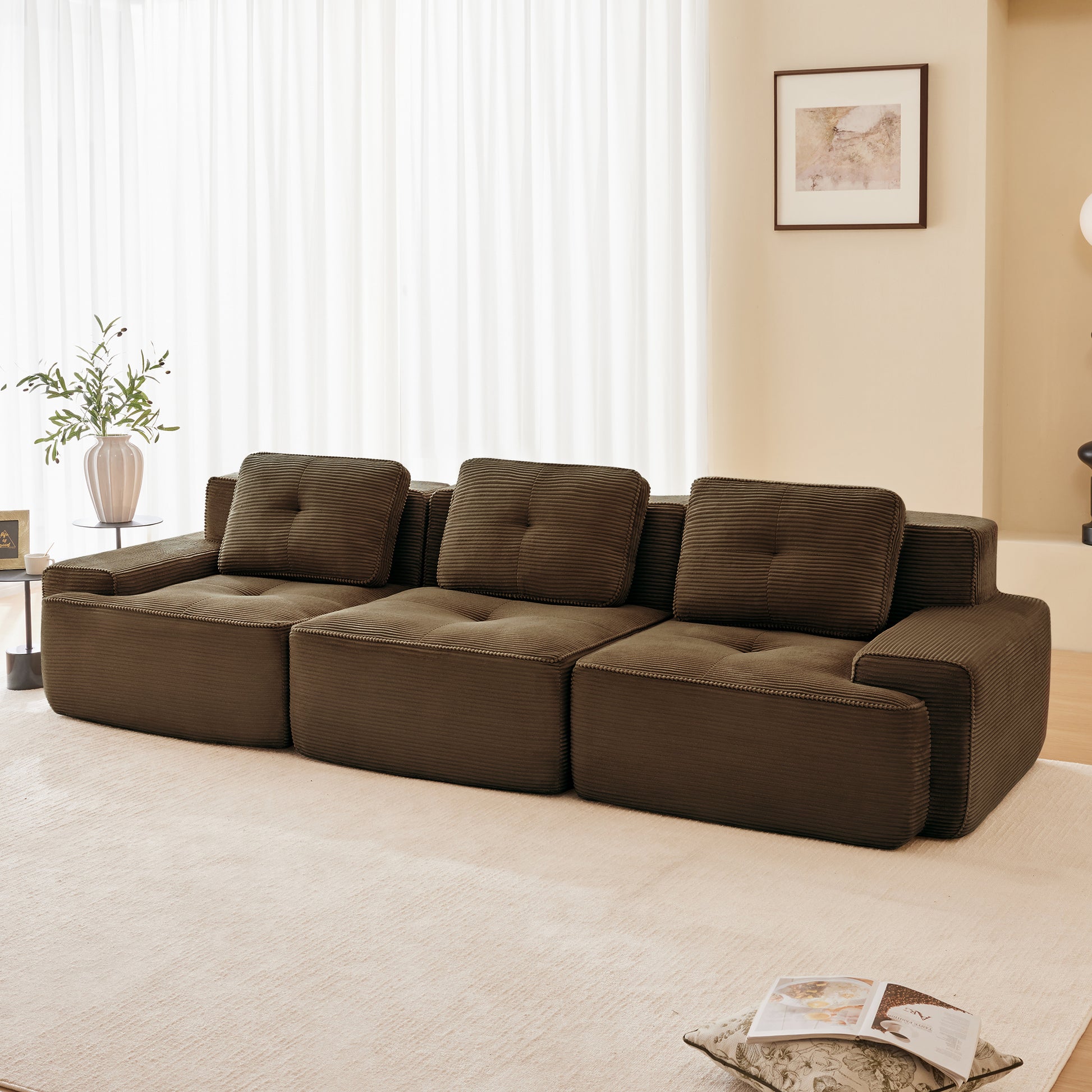 117" Modern Modular Sectional Sofa for Living Room, Corduroy Fabric,Oversized 3-Seater Couch with Deep Seat, Pearl-like piping, Tufted Design,Buckle connection,No Assembly,Anti-slip Design,Brown image 2