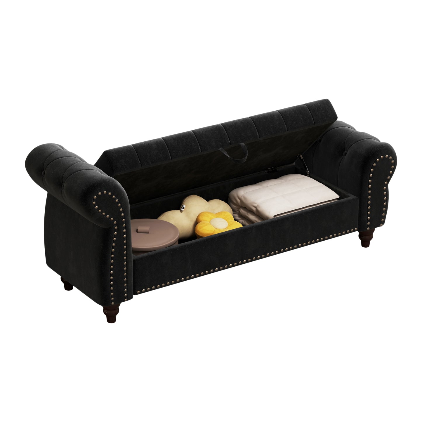 64.5" Bed Bench for Bed Room Nails Tufted Chaise of Lounge with Storage Velvet Upholstery Black image 9