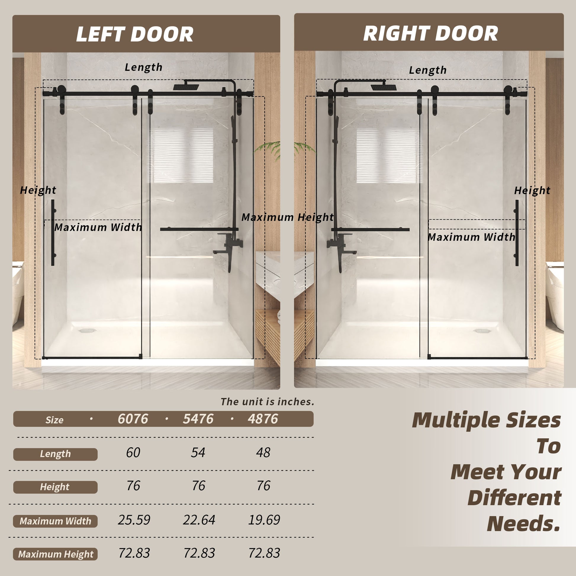 56-60" x 76" H Frameless Sliding Shower Door, 5/16" (8mm) Clear Tempered Glass, Stainless Steel Frame,Matte Black image 10
