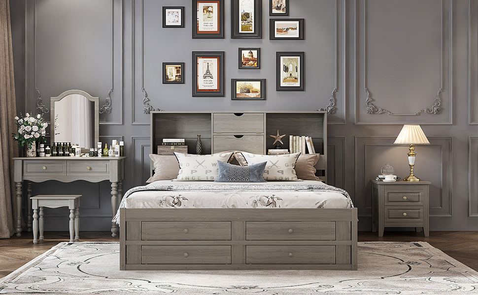 King Size Platform Bed with Storage Headboard and 8 Drawers, Gray image 6