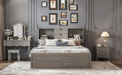 King Size Platform Bed with Storage Headboard and 8 Drawers, Gray image 6