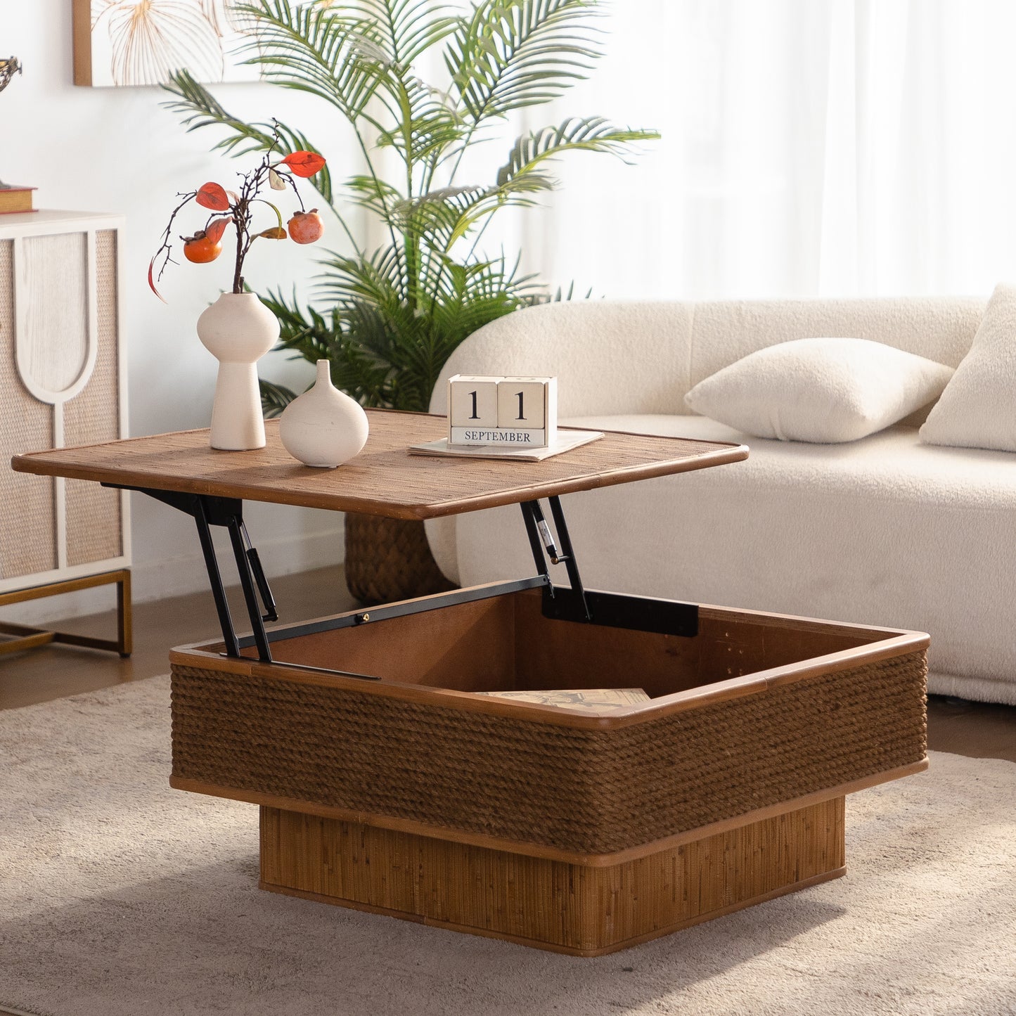 31.52"Square Rattan + Hemp Rope Coffee Table With Adjustable Storage Function, Featuring A Vintage Natural Style,for Dining Room, Kitchen And Living Room,Natural image 3