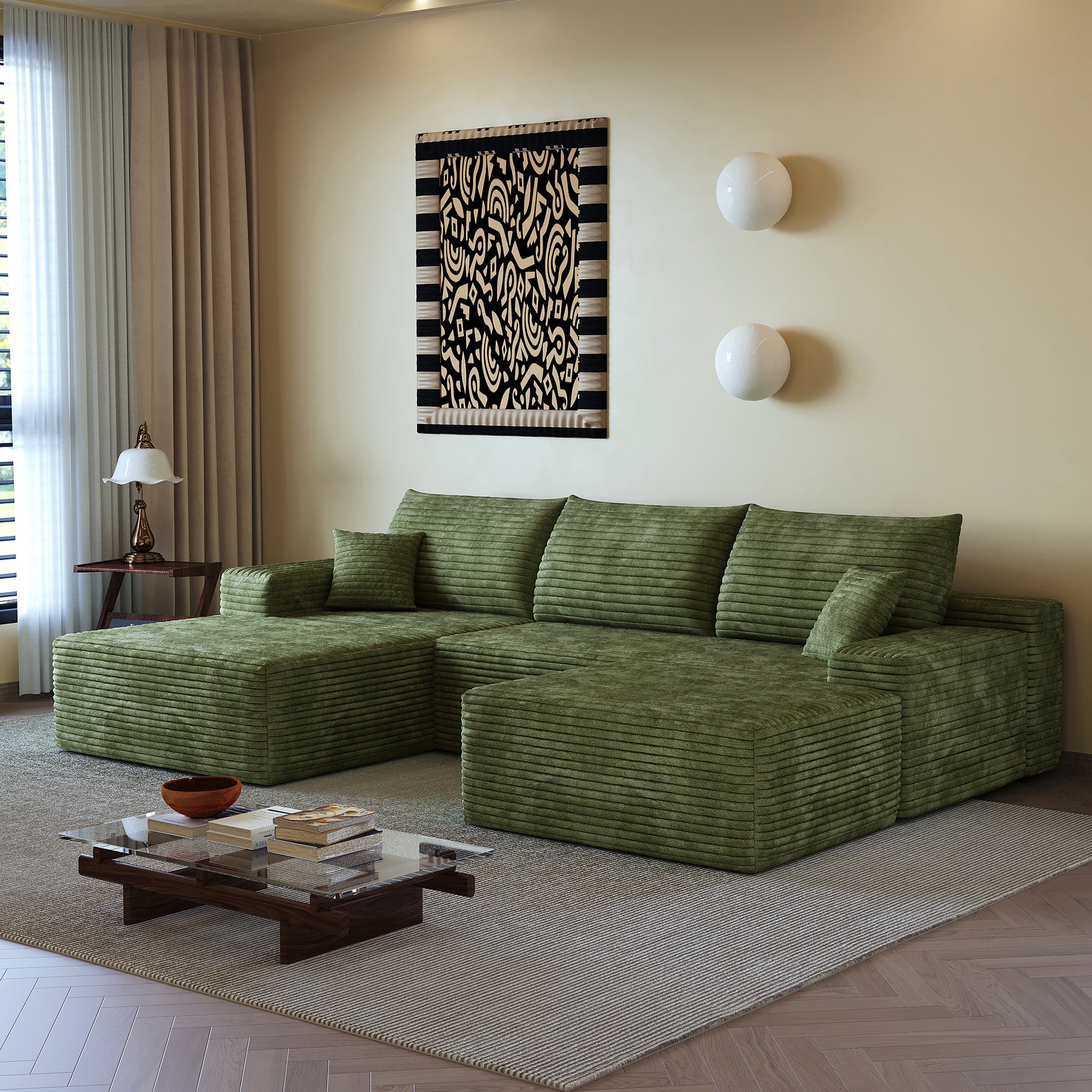 107"Cloud Sectional Sofa with 1 Ottoman,Modern Minimalist Upholstered Couches,Comfort U Shaped Sofa for Living Room,Deep Seat Corner Couch,No Assembly Required (Plush Corduroy Fabric),Green image 6