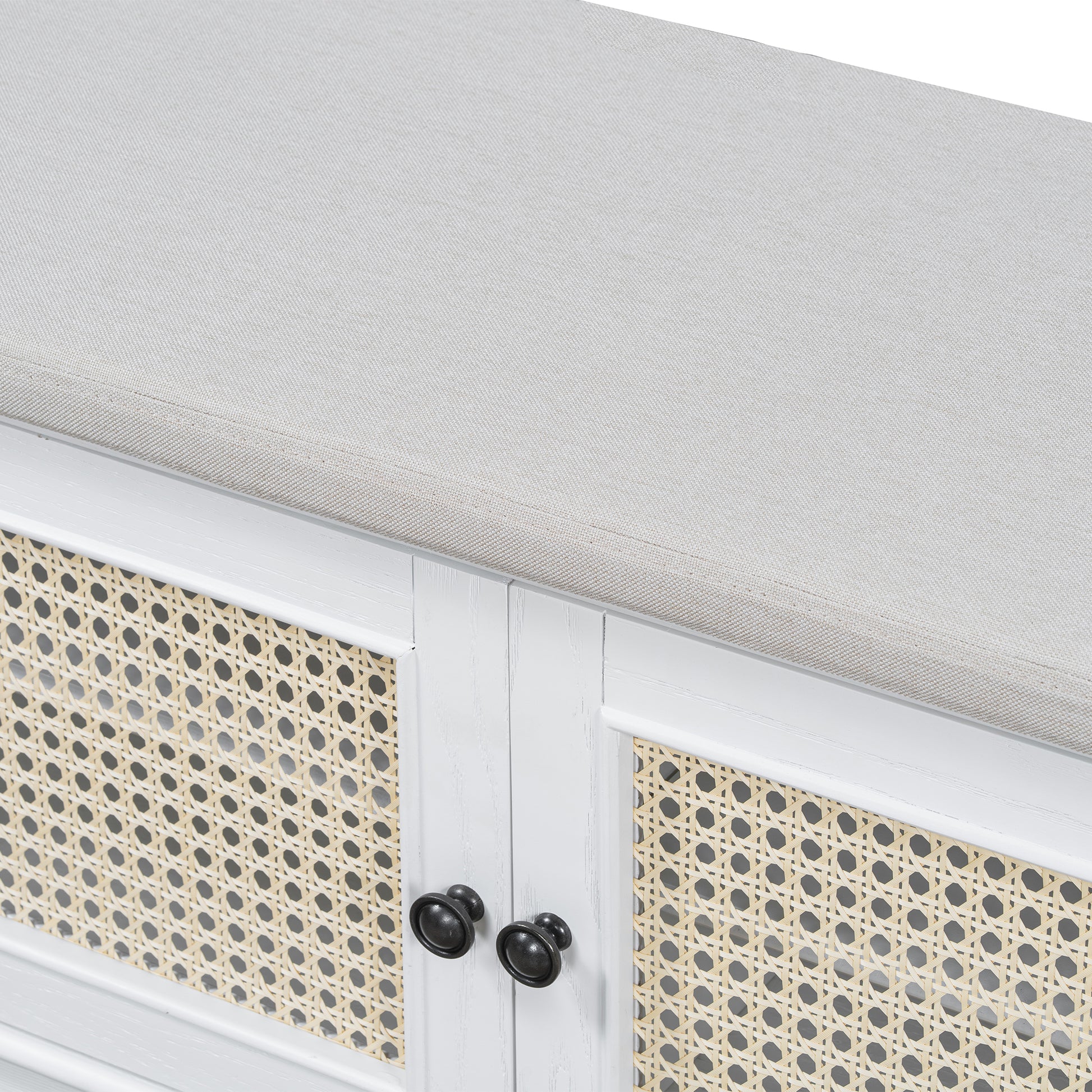TREXM Boho Rattan Entryway Bench with Storage, Cushioned Shoe Bench with Double Doors, Wooden Shoe Organizer Bench for Entryway and Hallway (White+Beige) image 11