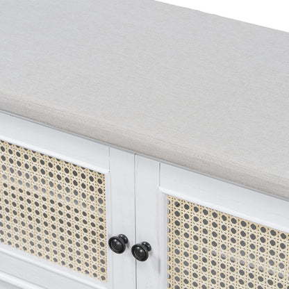 TREXM Boho Rattan Entryway Bench with Storage, Cushioned Shoe Bench with Double Doors, Wooden Shoe Organizer Bench for Entryway and Hallway (White+Beige) image 11