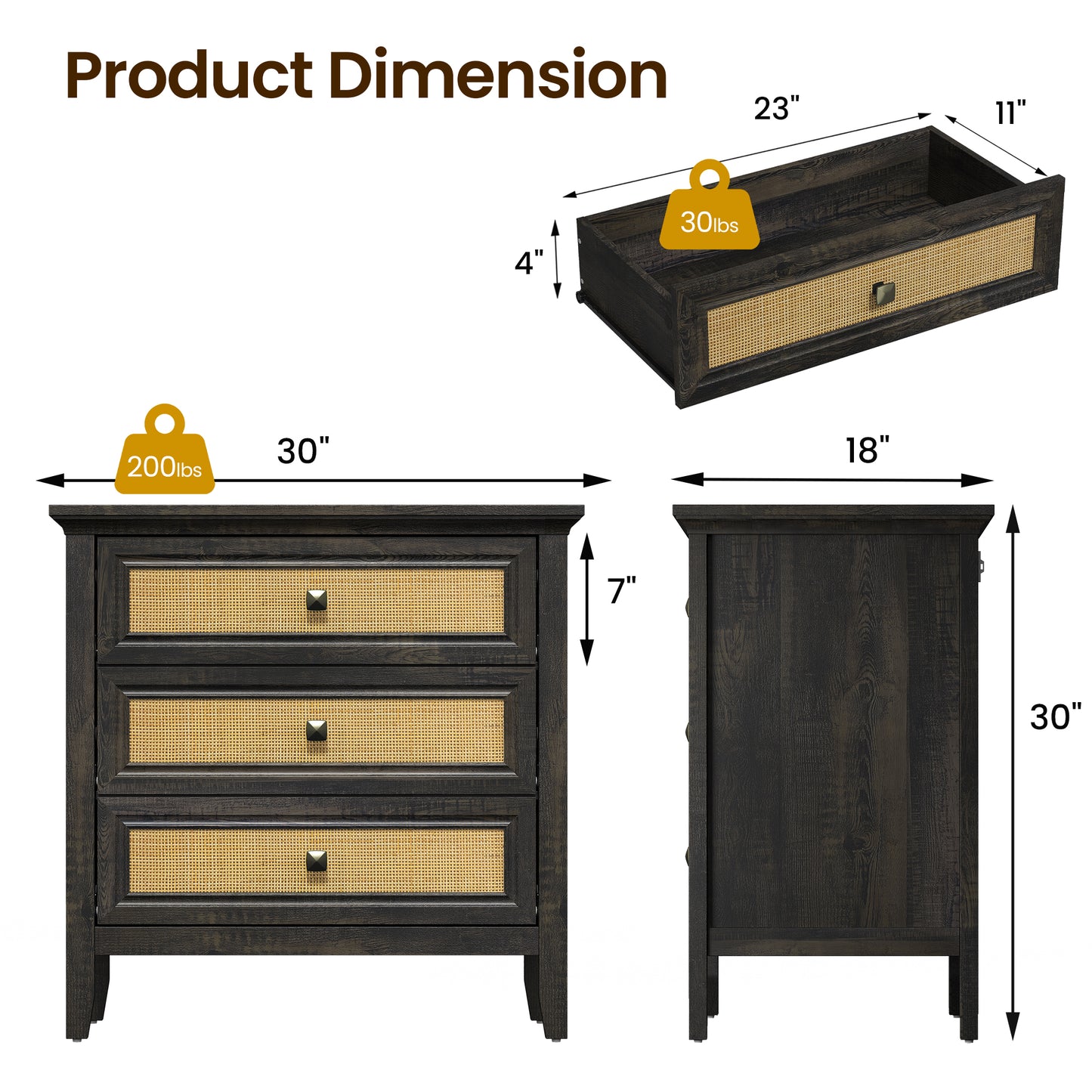 3 Drawer Dresser Rattan Dresser Wood Chest of Drawers Farmhouse Closet Dressers Modern Bedside Table Rustic Nightstand Storage Cabinet for Bedroom, Hallway, Living Room, Dark Rustic Oak image 2