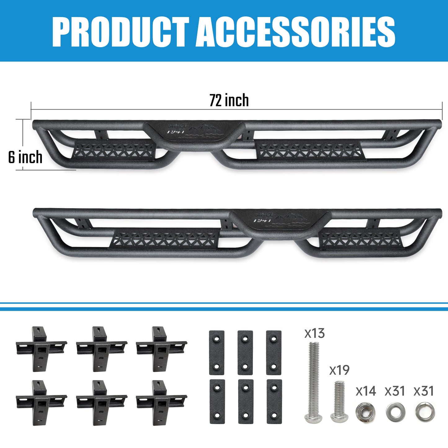 Coated Black Carbon 6-Inch 2-Stairs Side Step Rails Step Bars Steel Nerf Bars Running Boards Compatible with Jeep Wrangler JL 4 Doors 2018-2026 For Off-Road Protection Direct Bolt-On Installation image 4