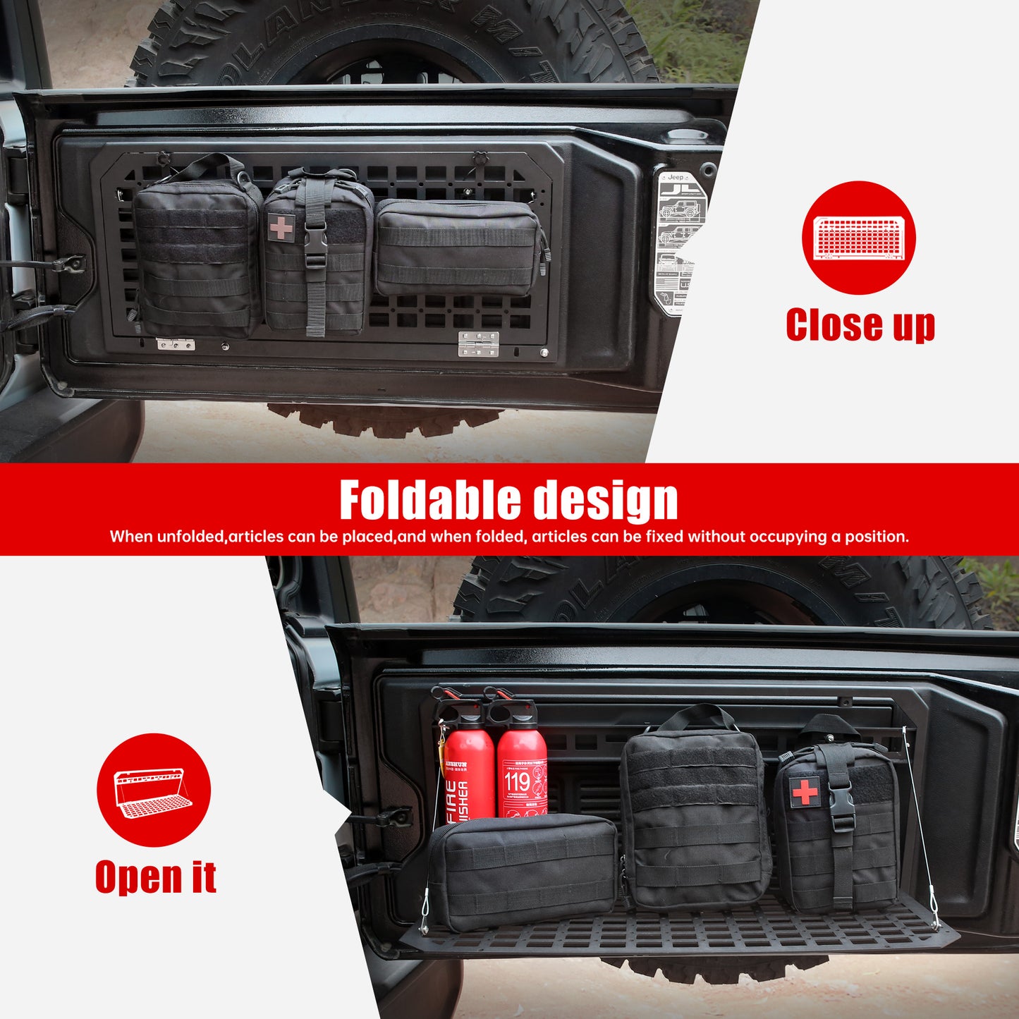 Tailgate Table Foldable Rear Cargo Shelf Compatible with Jeep Wrangler 2007-2017 JK JKU & 2018-2026 JL JLU (Not Fit JK Models with Stock Subwoofer) image 2