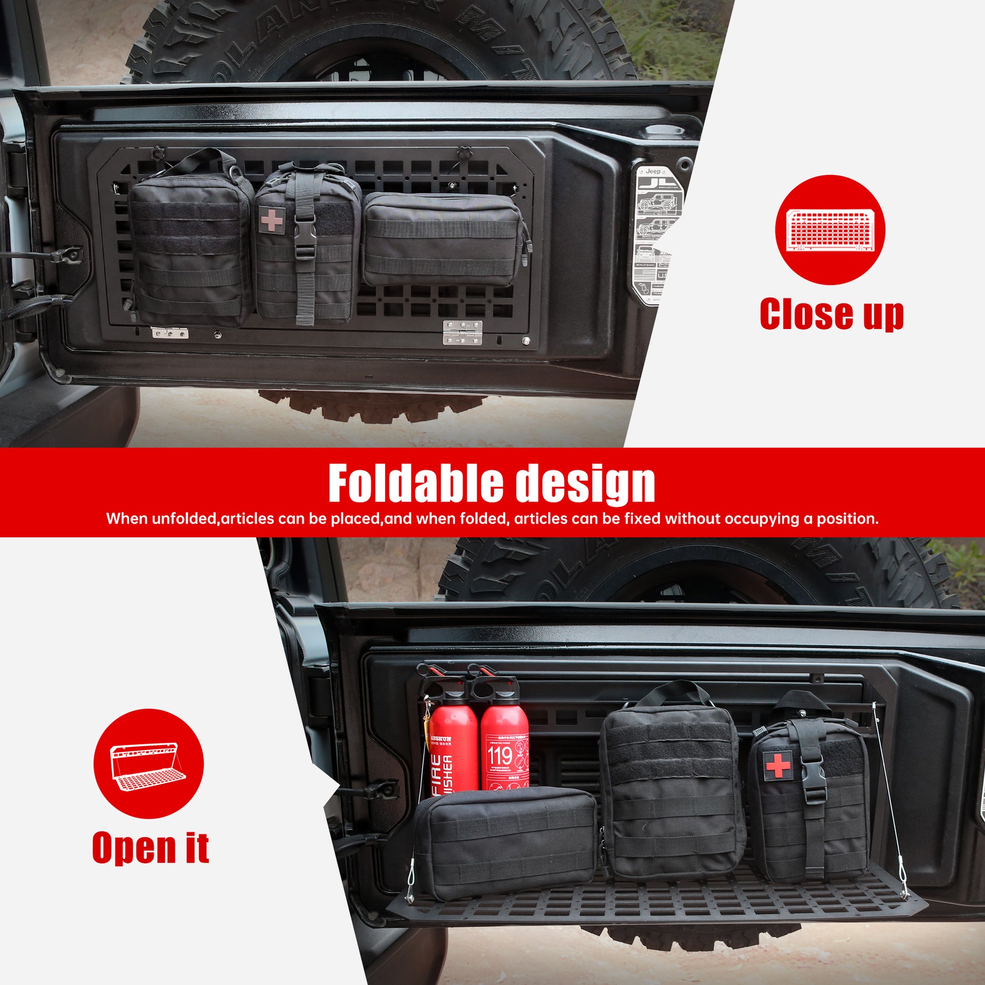 Tailgate Table Foldable Rear Cargo Shelf Compatible with Jeep Wrangler 2007-2017 JK JKU & 2018-2026 JL JLU (Not Fit JK Models with Stock Subwoofer) image 2