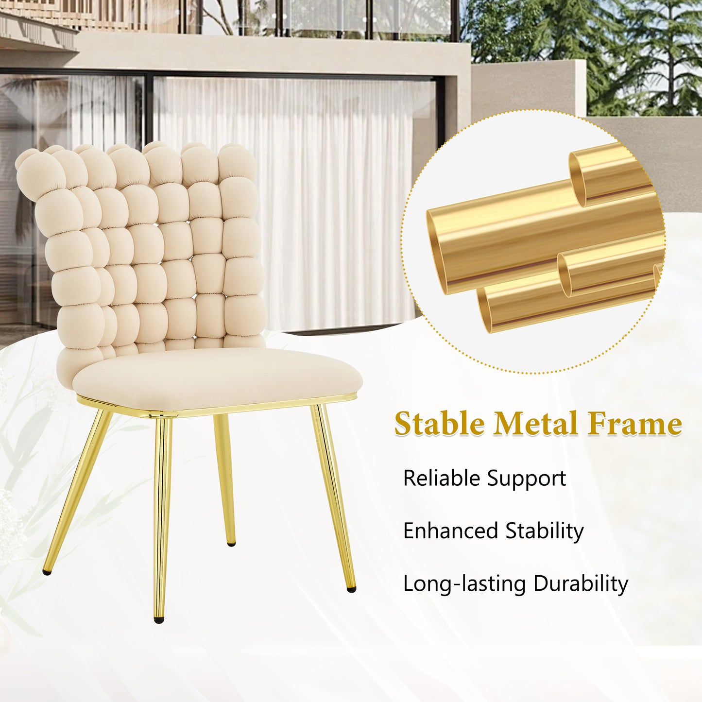 Set of 2 Luxury Cream Bubble Tufted Swivel Chair, Premium Velvet Upholstered Accent Chair with Gold Metal Frame, Ergonomic Space-Saving Desk Chair for Modern Interiors image 9