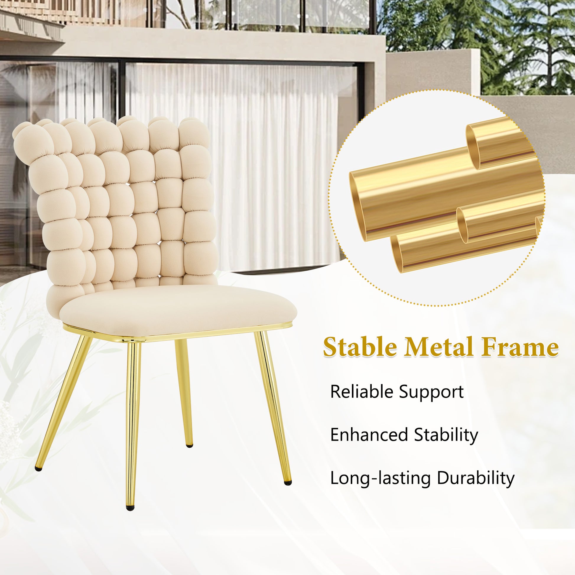 Set of 2 Luxury Cream Bubble Tufted Swivel Chair, Premium Velvet Upholstered Accent Chair with Gold Metal Frame, Ergonomic Space-Saving Desk Chair for Modern Interiors image 9