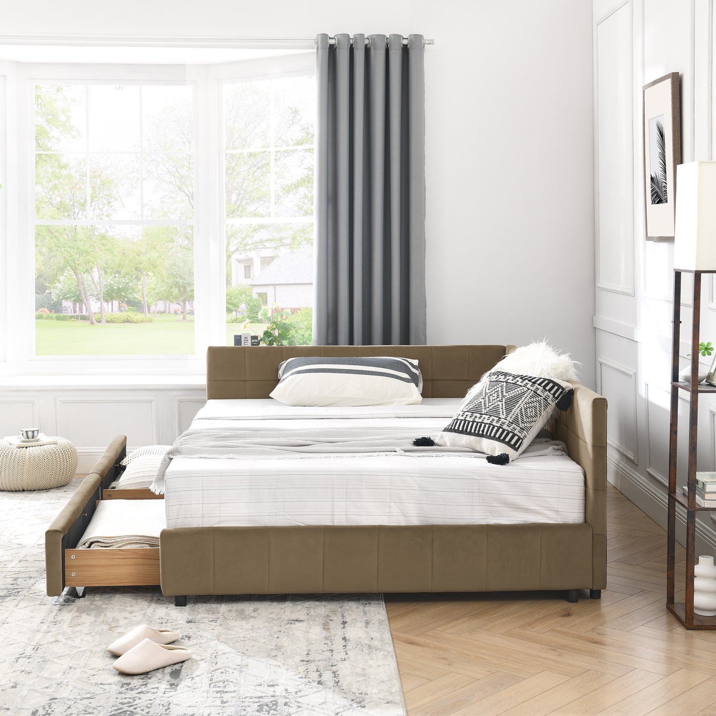 Full Size Storage Upholstered Tufted Bed Frame, Sofa Bed Frame with Comfortable Backrest and Armrests, Full Size Bed for Bedroom, Living Room,Velvet, BROWN(80.5''*59''*29.5'') image 4