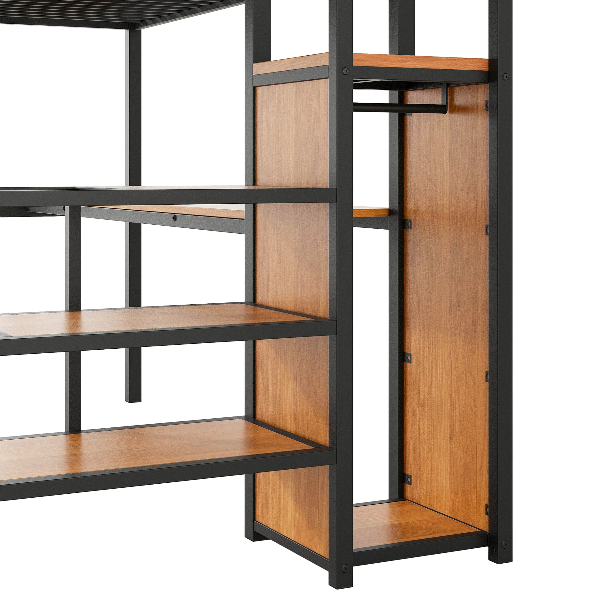 Full Size Metal Loft Bed with Desk, Storage Staircase, Small Wardrobe and LED Light,Black image 10