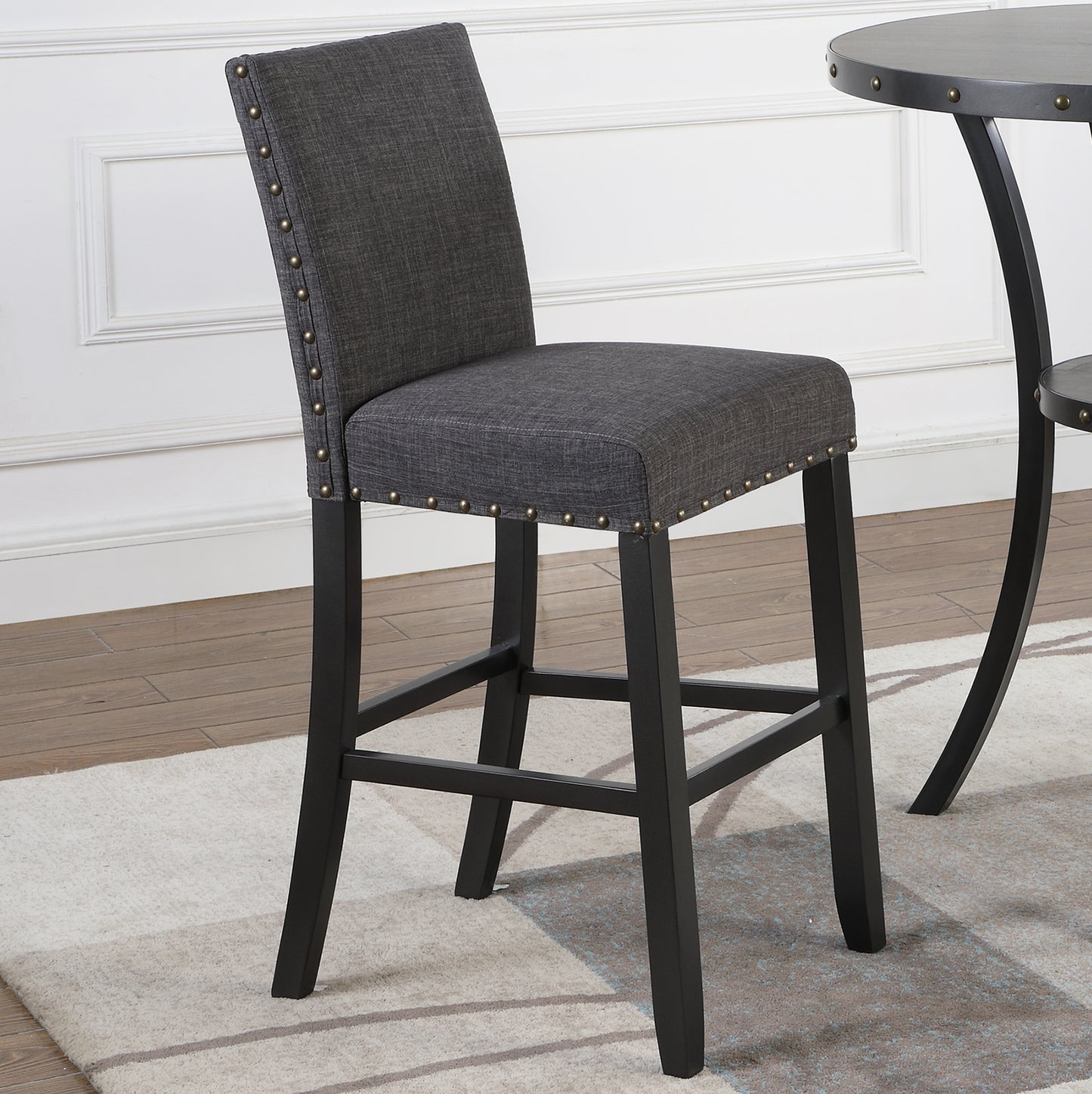 Biony 3-Piece 36" Round Espresso Finish Bar Table with 2 Gray Fabric Nail Head Pub Chairs image 4