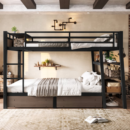 Full Size Metal Bunk Bed with Storage Shelves, LED light strip, and USB power strip, black image 3